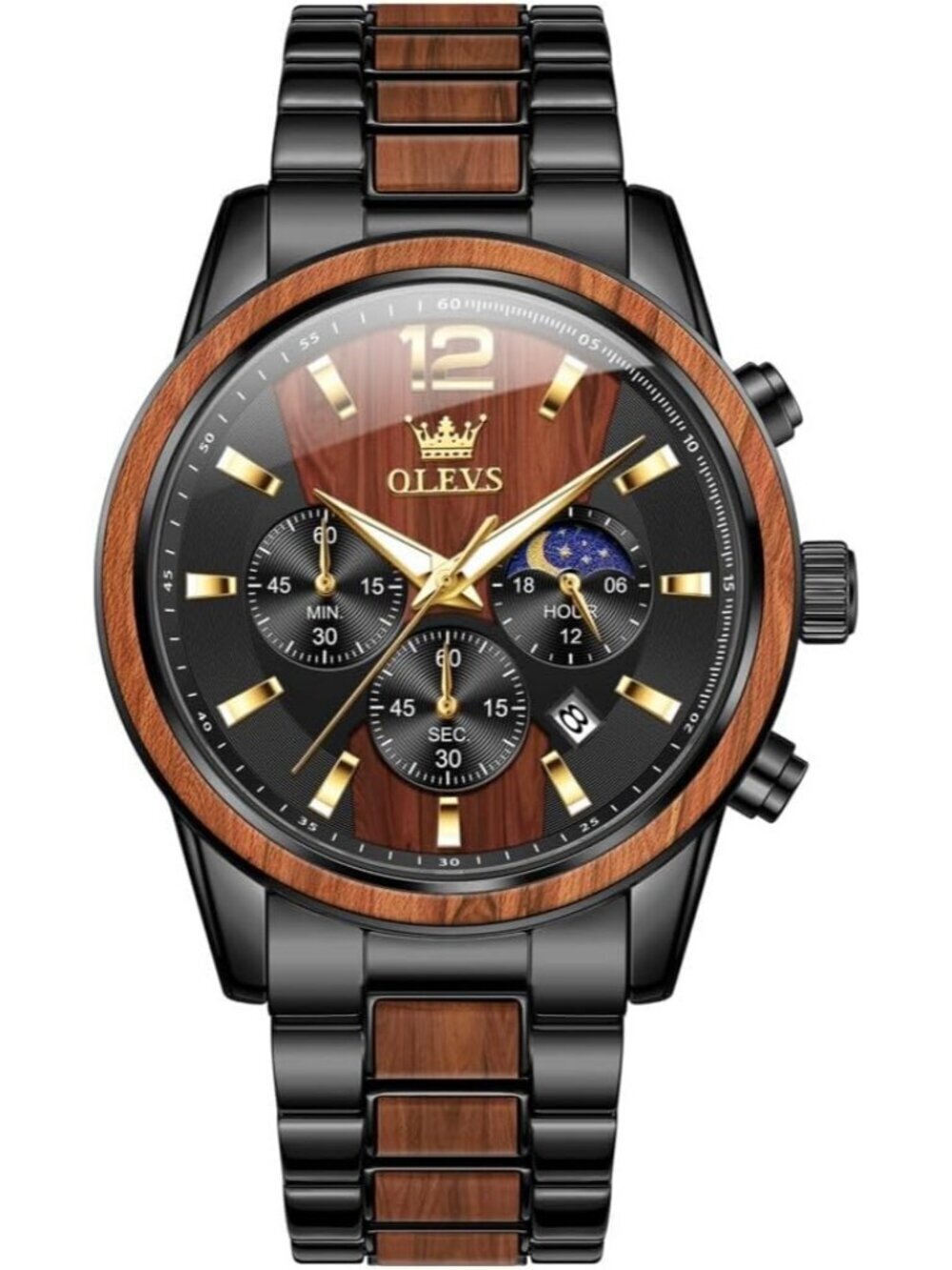 Men's Brown Quartz Stainless Steel Waterproof Luminous Date Luxury Wooden Watch
